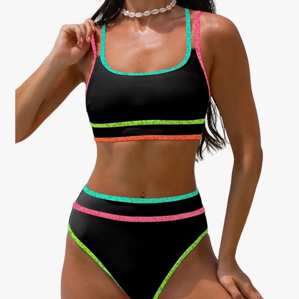 Black Neon-Trim High-Waist Bikini Set - Women Swim